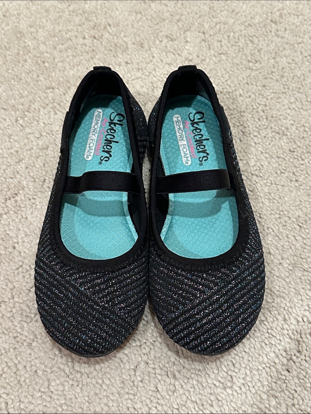 Skechers Black Sparkle Knit Mary Jane with Aqua Insole